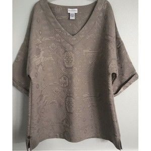 Soft Surroundings Jacquard Tunic Top Short Sleeve Oversized Taupe lagenlook boho